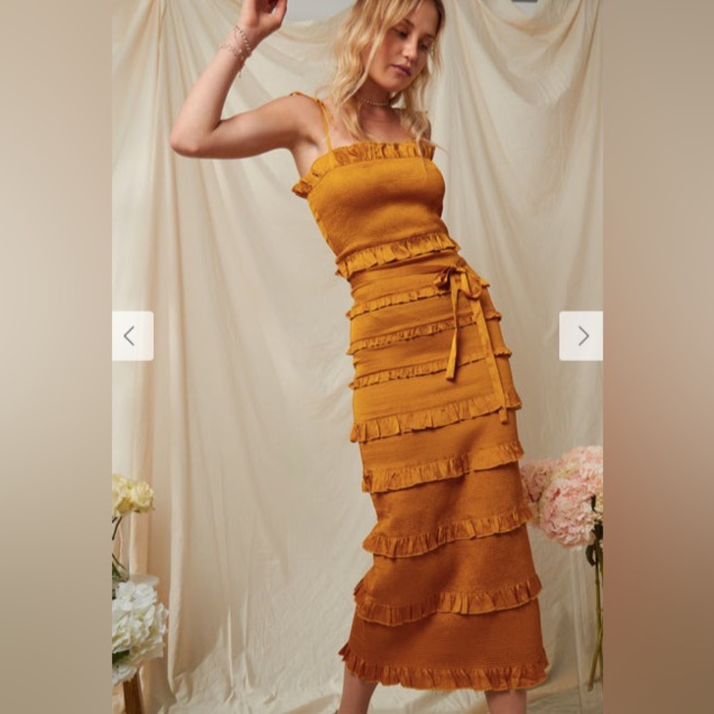 V. Chapman Mustard Ruffle Maxi Dress